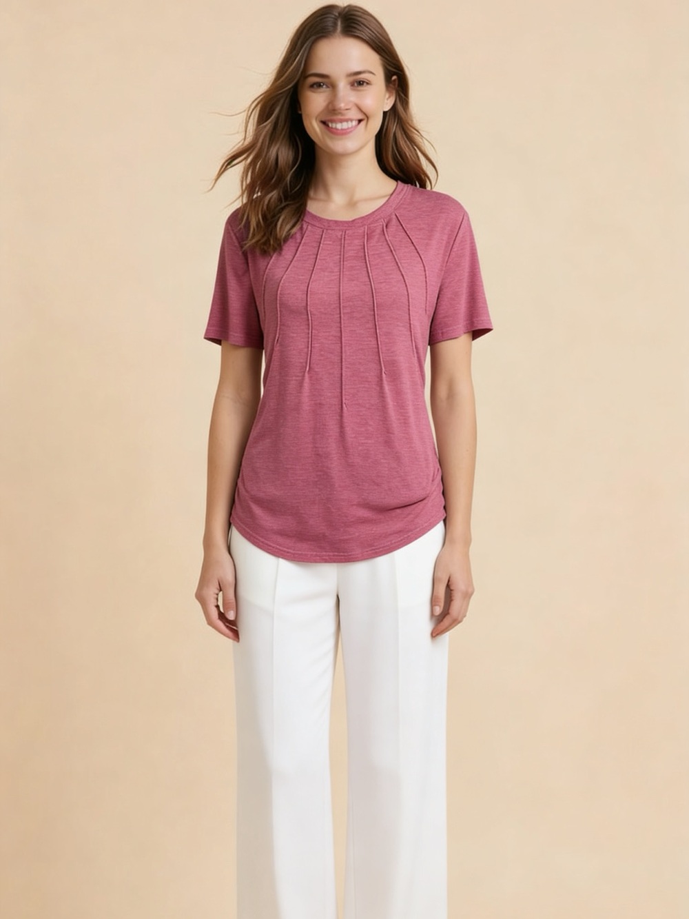Pleated Short-Sleeve Tee in Dusty Rose